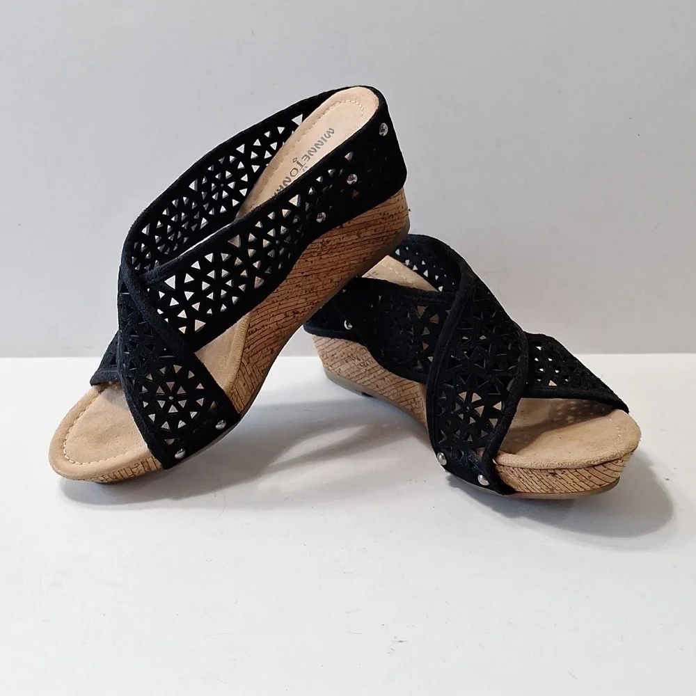 Minnetonka Black Tan Bohemian Lainey Boho Cut Out Suede Wedge Sandals Size 8